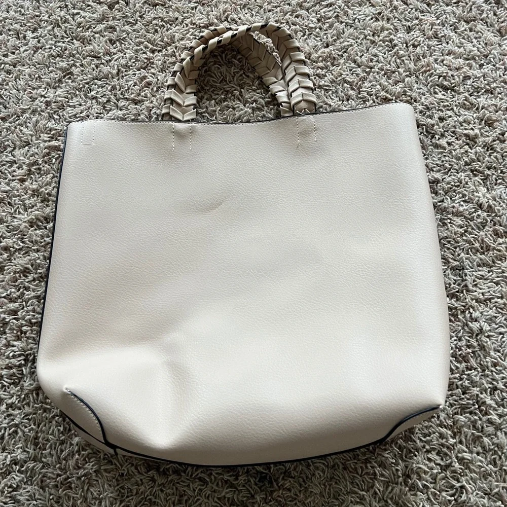 Jules Kae‎ Cream Vegan Leather Tote Bag with Braided Handles and Pouch Set